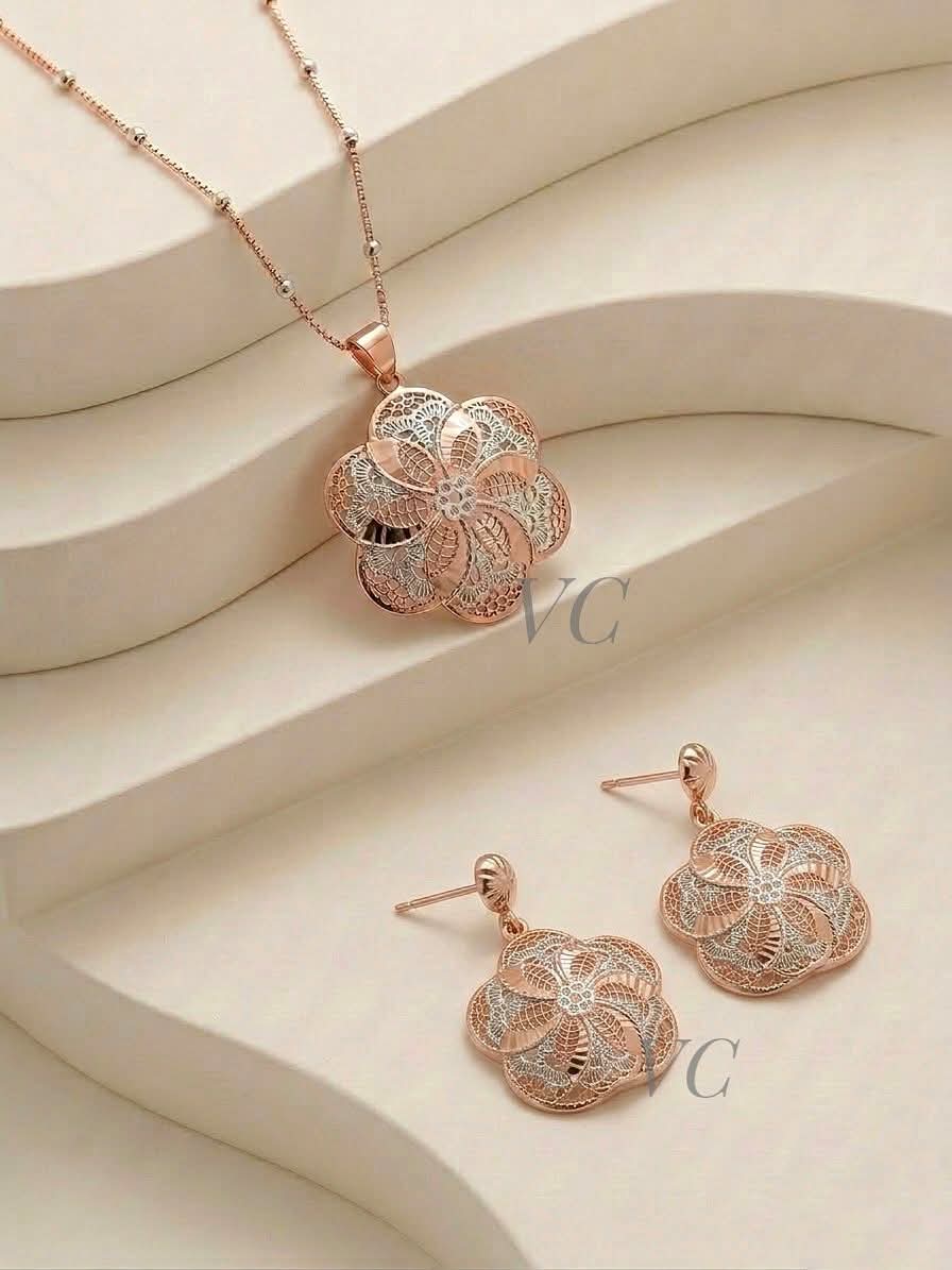 92.5 Sterling Silver Rose Gold Dual-Tone Floral Necklace & Earrings Set